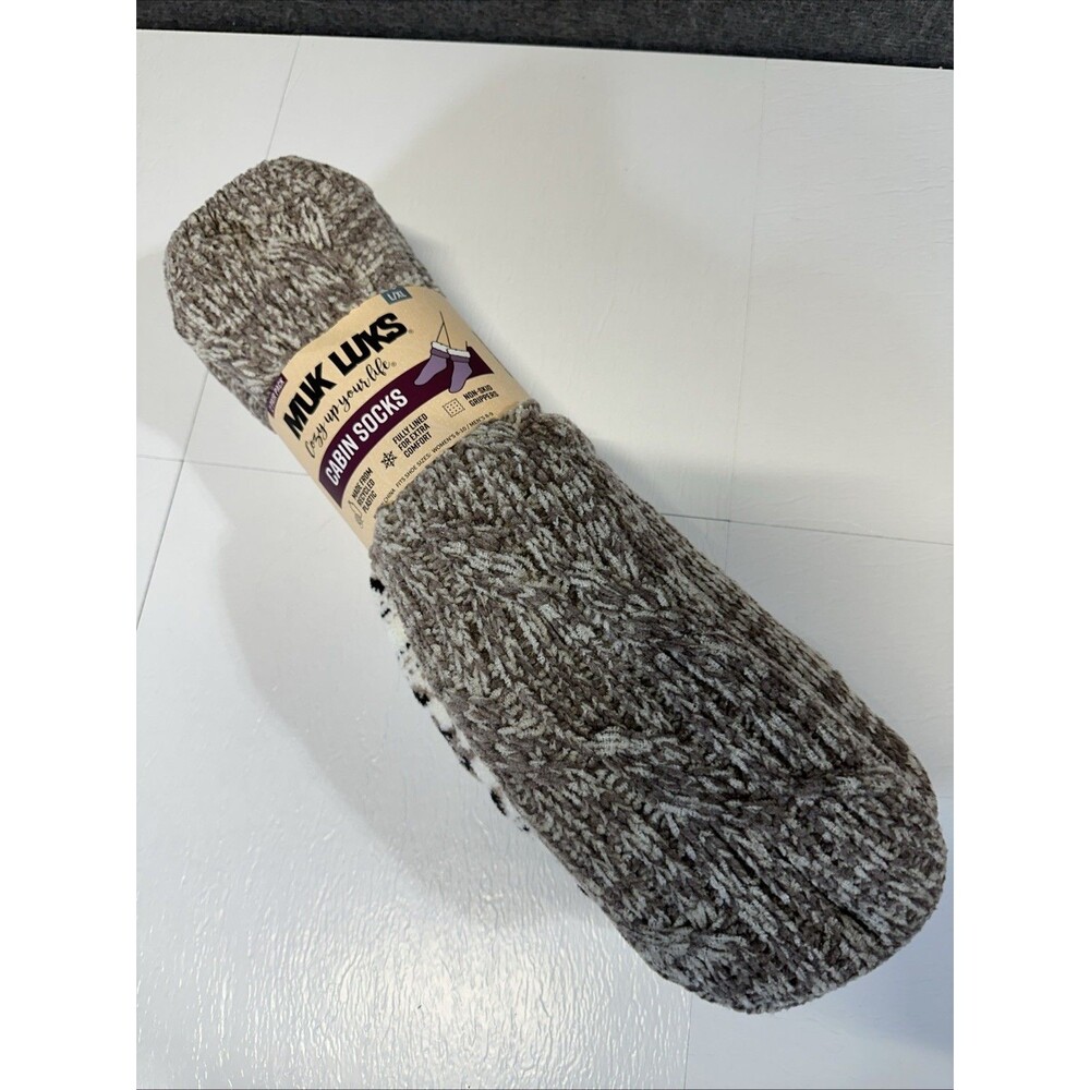 Muk LukCabin Socks Women’s L/XL Non Slip Cozy Neutral Tan Cream Nordic Print
